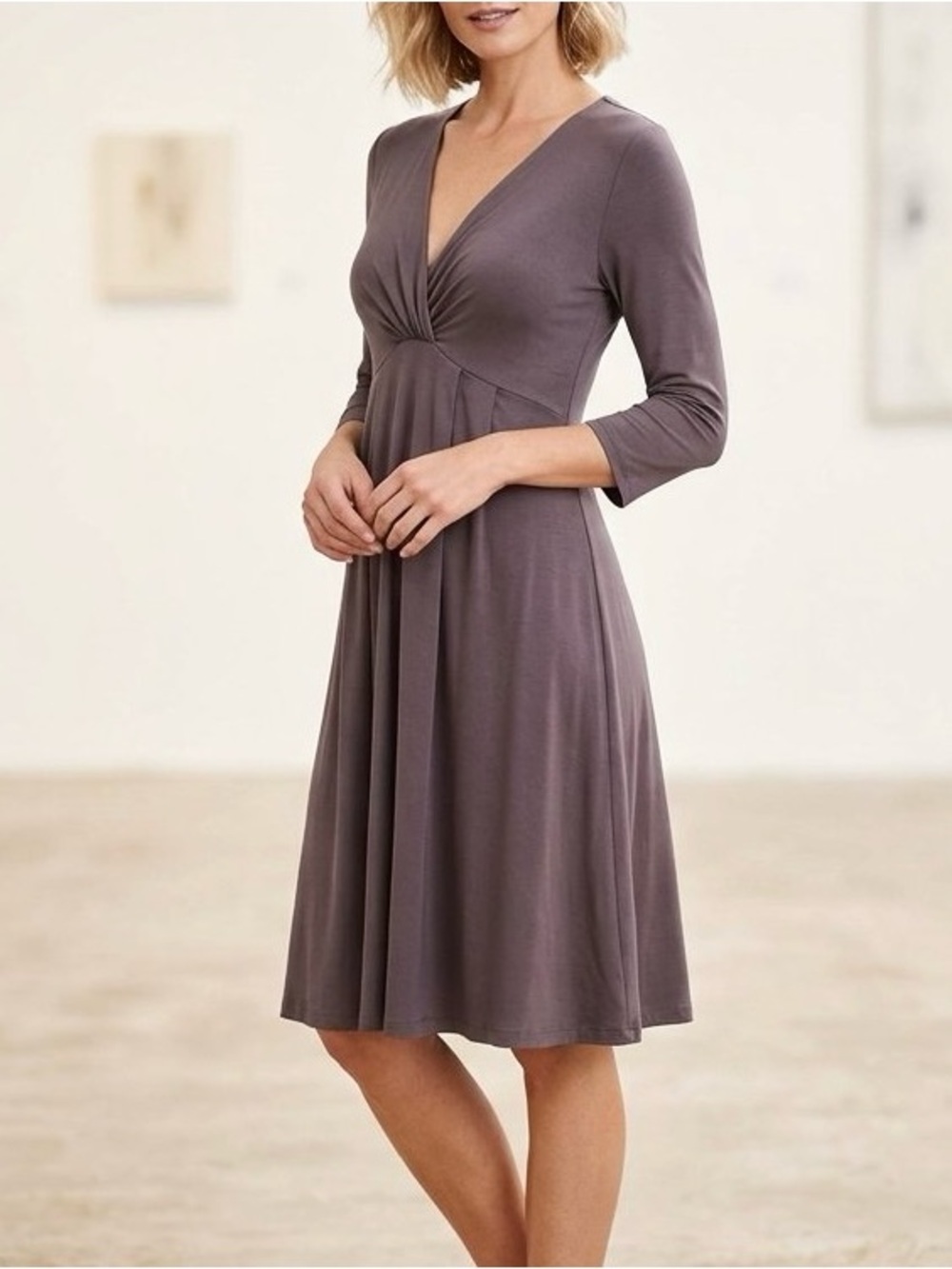 Garnet Hill Gray V-Neck Empire Waist Jersey Knit Dress Minimalist Casual L